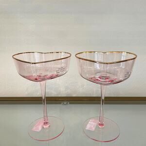Pink Heart Shaped Martini Glass Set of 2 Gold Rim Valentines Day NEW